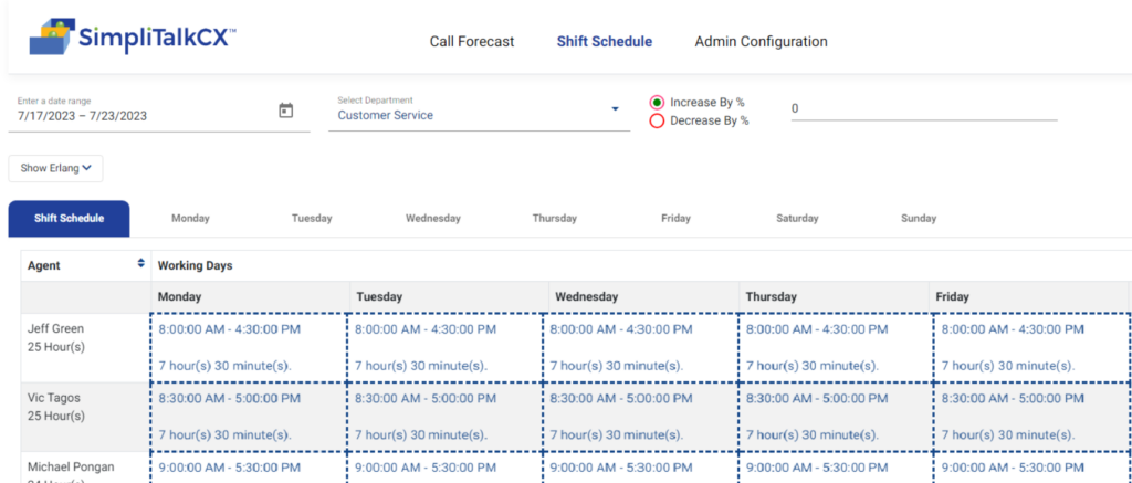 Weekly Schedule Screen – Workforce Management Software SimpliTalkCX Workforce Management Software with Weekly Scheduling Screen